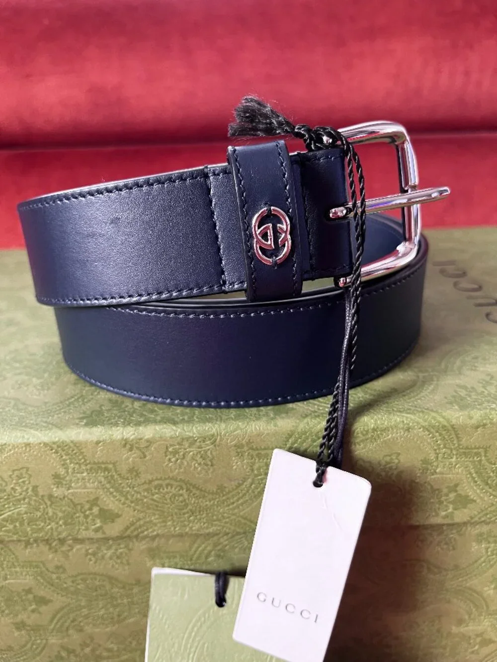 New Gucci Men's Leather Belt Navy Dark Blue Interlocking G detail Size 105 / 41